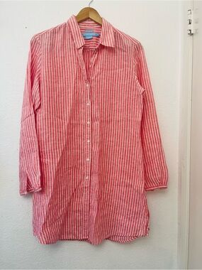 Island Company Red & White Striped Linen Button-Up Shirt